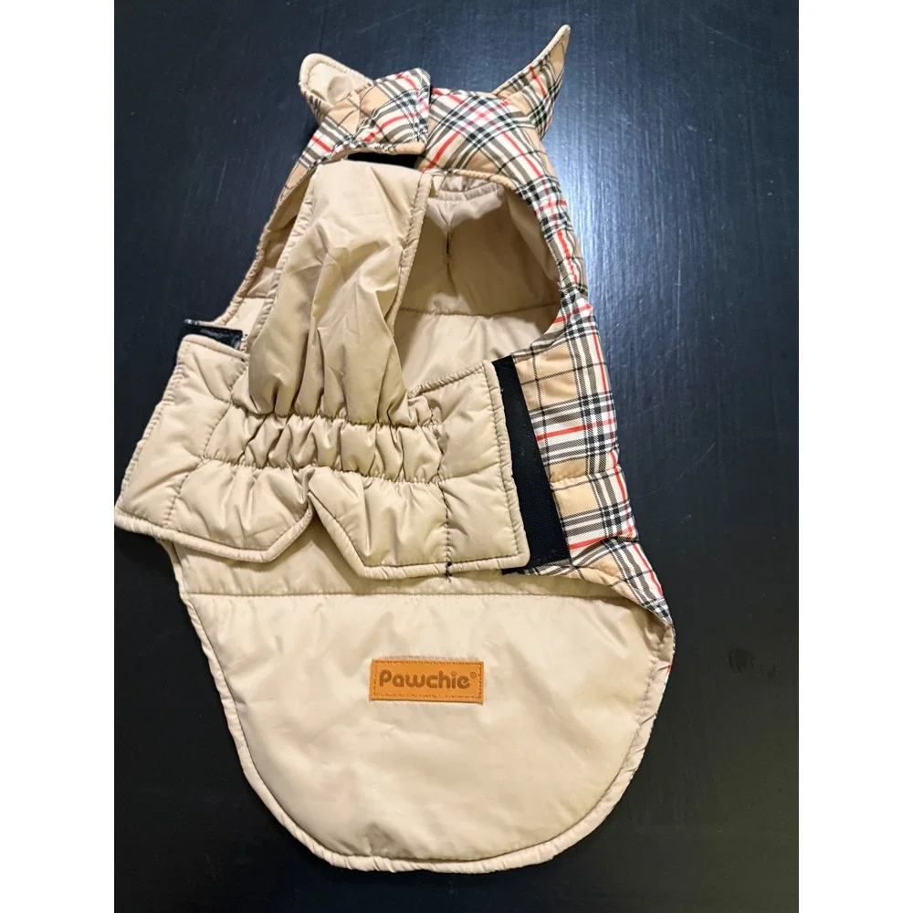 Pawchie Reversible Dog Puffer Vest Plaid Tan Quilted Jacket Medium RN DCD057